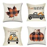 Fall Decor Pumpkin Maple Leaf Pillow Covers Set of 4 Autumn Theme Fall Harvest Pumpkins Truck Farmhouse Decorative Throw Pillow Covers 18 x 18 for Fall Decorations