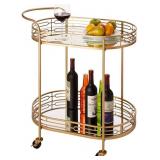 glitzhome 30.75" H Oval Gold Bar Cart with 4 Wheels 2-Tier Deluxe Tray Metal Mirrored Glass Top Rolling Serving Cart