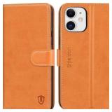 SHIELDON iPhone 12 Wallet Case, iPhone 12 Pro Wallet Cover, Genuine Leather Cover, RFID Blocking, Folio Flip Kickstand, Magnetic Closure for iPhone 12 / Pro 6.1-inch 5G - BROWN