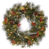 National Tree Company Pre-Lit Artificial Christmas Wreath, Green, Wintry Pine, White Lights, Decorated with Pine Cones, Berry Clusters, Frosted Branches, Christmas Collection, 24 Inches