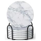 LIFVER Coasters for Drinks, White Marble-Style Absorbent Coasters with Holder, Housewarming Gifts for Home Decor, Suitable for Kinds of Cups, 4.2 Inches, Set of 6