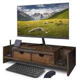 Crestlive Products Luxury Bamboo Computer Monitor Stand Riser with Adjustable Storage Organizer & Drawers Laptop Cellphone TV Printer Stand, Antique Brown
