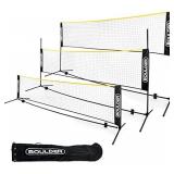 Boulder Badminton Pickleball Net - Height Adjustable Portable Net for Junior Tennis, Kids Volleyball & Soccer, and Backyard Games - Easy Setup Nylon Sports Net with Poles 10 ft/14ft/17ft Wide