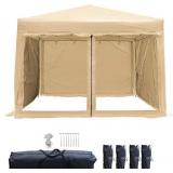 LAZZO 10x10ft Pop up Canopy Tent, Portable Commercial Outdoor Canopy Shelter with Carry Bag, 4 Removable Sidewall Contain Mesh Wall, 4 Weight Bags Without Sand, 8Stakes&4Ropes, Beige