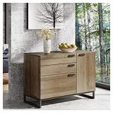 WLIVE 3 Drawer Dresser, Wide Chest of Drawers with 1 Side Door, Wood Storage Cabinet with Sturdy Metal Frame for Bedroom & Living Room, Gray Oak