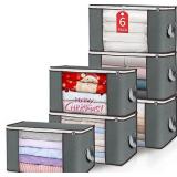 Large Storage Bags, 6 Pack Clothes Storage Bins Foldable Closet Organizers Storage Containers with Durable Handles Thick Fabric for Blanket Comforter Clothing Bedding 90L (Gray)