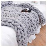 Zyhappk Soft Chunky Knit Blanket Chenille Handwoven Throw Cozy Warm Blanket for Bed Sofa Chair Office Boho Home Decor(Light Gray 50" x60")