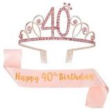 DragonflyDreams Rose Gold Happy 40th Birthday Sash and 40 Birthday Tiara Rhinestone Crown Headband for 40 Birthday Gift Party Accessories 40th Birthday Decoration Girls Women