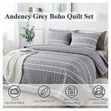 Andency Grey Quilt Set California King (108x96 Inch), 3 Pieces(1 Striped Triangle Printed Quilt and 2 Pillowcases), Bohemian Reversible Bedspread Microfiber Coverlet Sets All-Season