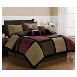 7 Pieces Brown, Burgundy, and Black Micro Suede Patchwork Comforter Set King