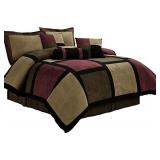 7 Pieces Brown, Burgundy, and Black Micro Suede Patchwork Comforter Set King
