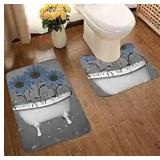 Blue Gray Bathroom Sunflower Bathroom Rug Mat Bath Rug Set Washable Soft Bath Mat, Contour Mat