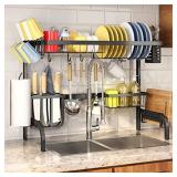 SAYZH Over Sink Dish Drying Rack, 2 Tier Adjustable Width (25.5 to 33.5 Inch) with Utensil Holder, Kitchen Drainer, Countertop Organizer, Black