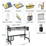 SAYZH Over Sink Dish Drying Rack, 2 Tier Adjustable Width (25.5 to 33.5 Inch) with Utensil Holder, Kitchen Drainer, Countertop Organizer, Black