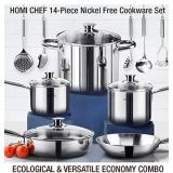 HOMI CHEF 14-Piece Nickel Free Stainless Steel Cookware Set - Nickel Free Stainless Steel Pots and Pans Set - Stainless Steel Non-Toxic Cookware Set - Stainless Steel Healthy Induction Cookware Sets