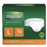 Depend Unisex Maximum Absorbency Adjustable Incontinence Briefs with Tabs, L, 16 Count
