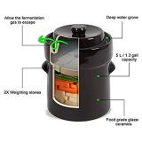 Fermentation Crock Jar 5 Liter / 1.3 Gallon - Stoneware Pot for Fermenting, Pickling Kimchi, Pickles, Vegetables, Kombucha - Glazed Fermenter with Stone Weights, Lid & Pickle Tamper