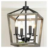 T&A 4-Light Rustic Chandelier,Farmhouse Chandelier Light Fixture Square Cage Chandelier with Oak Wood and Iron Finish for Entryway Dining Rooms Stairway Bedroom Living Room