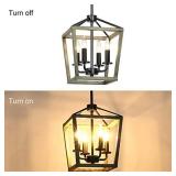 T&A 4-Light Rustic Chandelier,Farmhouse Chandelier Light Fixture Square Cage Chandelier with Oak Wood and Iron Finish for Entryway Dining Rooms Stairway Bedroom Living Room