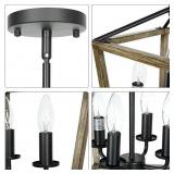 T&A 4-Light Rustic Chandelier,Farmhouse Chandelier Light Fixture Square Cage Chandelier with Oak Wood and Iron Finish for Entryway Dining Rooms Stairway Bedroom Living Room