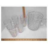 Heavy Vintage Pitcher + Five 12 oz Glasses. Grape Leaf & Grapes Embossed on the Bottom of Glasses: Beautiful Condition