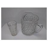 Heavy Vintage Pitcher + Five 12 oz Glasses. Grape Leaf & Grapes Embossed on the Bottom of Glasses: Beautiful Condition