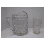 Heavy Vintage Pitcher + Five 12 oz Glasses. Grape Leaf & Grapes Embossed on the Bottom of Glasses: Beautiful Condition