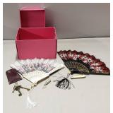 Pink Box W/Lid plus Hand Fans and Pen Knife