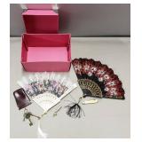 Pink Box W/Lid plus Hand Fans and Pen Knife