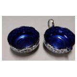 Vintage Silver Plate Sugar & Cream Containers W/Cobalt Blue Inserts