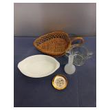 Oval basket, butter Dish, blown glass flower Vase, Glass Serving cup, Small Kansas collectors Plate, napkins, table cloth.