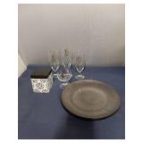 Grand Cru Drinking Glasses, Decorative Box, Four Silver Appearance Dinner Plates