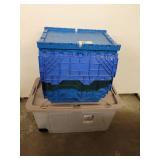 Storage Container Lot Containing 5 Heavy Duty Containers and 150 Qt Sterlite Container With Wheels & Handle (Bottom Blue Container Has Cracked Lid)