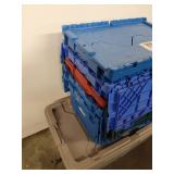 Storage Container Lot Containing 5 Heavy Duty Containers and 150 Qt Sterlite Container With Wheels & Handle (Bottom Blue Container Has Cracked Lid)