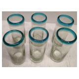 Hand Blown Mexican Drinking Glasses – Set of 6 Glasses with Aqua Rims (14 oz each)
