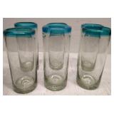 Hand Blown Mexican Drinking Glasses – Set of 6 Glasses with Aqua Rims (14 oz each)