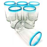 Hand Blown Mexican Drinking Glasses – Set of 6 Glasses with Aqua Rims (14 oz each)