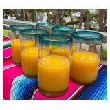 Hand Blown Mexican Drinking Glasses – Set of 6 Glasses with Aqua Rims (14 oz each)