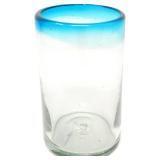 Hand Blown Mexican Drinking Glasses – Set of 6 Glasses with Aqua Rims (14 oz each)