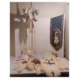 Fur pelts, tall wooden candle holder, cat table runner