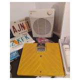 License plates, blood pressure monitor, scale, fan, magnifying glass