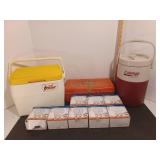 Lil Oscar cooler, lightbulbs, toolbox and Coleman water jug