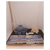 Pitcher and glasses, can opener, painted cast iron napkin holder, glass beach scene plates
