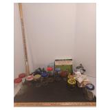 Hummingbird feeder, cherub planter and misc glass storage