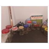 Hummingbird feeder, cherub planter and misc glass storage