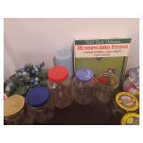 Hummingbird feeder, cherub planter and misc glass storage