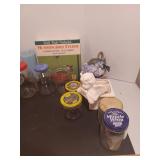 Hummingbird feeder, cherub planter and misc glass storage