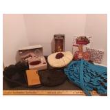 Angel windchimes, beaded purse, beret