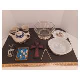 Covered baking dish, tea kettle, cross, wine opener and thimbles
