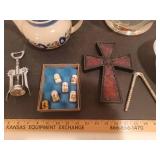 Covered baking dish, tea kettle, cross, wine opener and thimbles